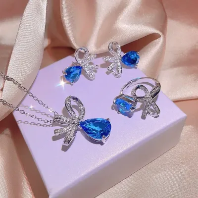 4 Pcs Blue Bowknot Water Droplets Jewellery Set